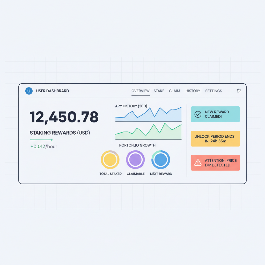 Dashboard showing staking rewards accruing, charts and notifications