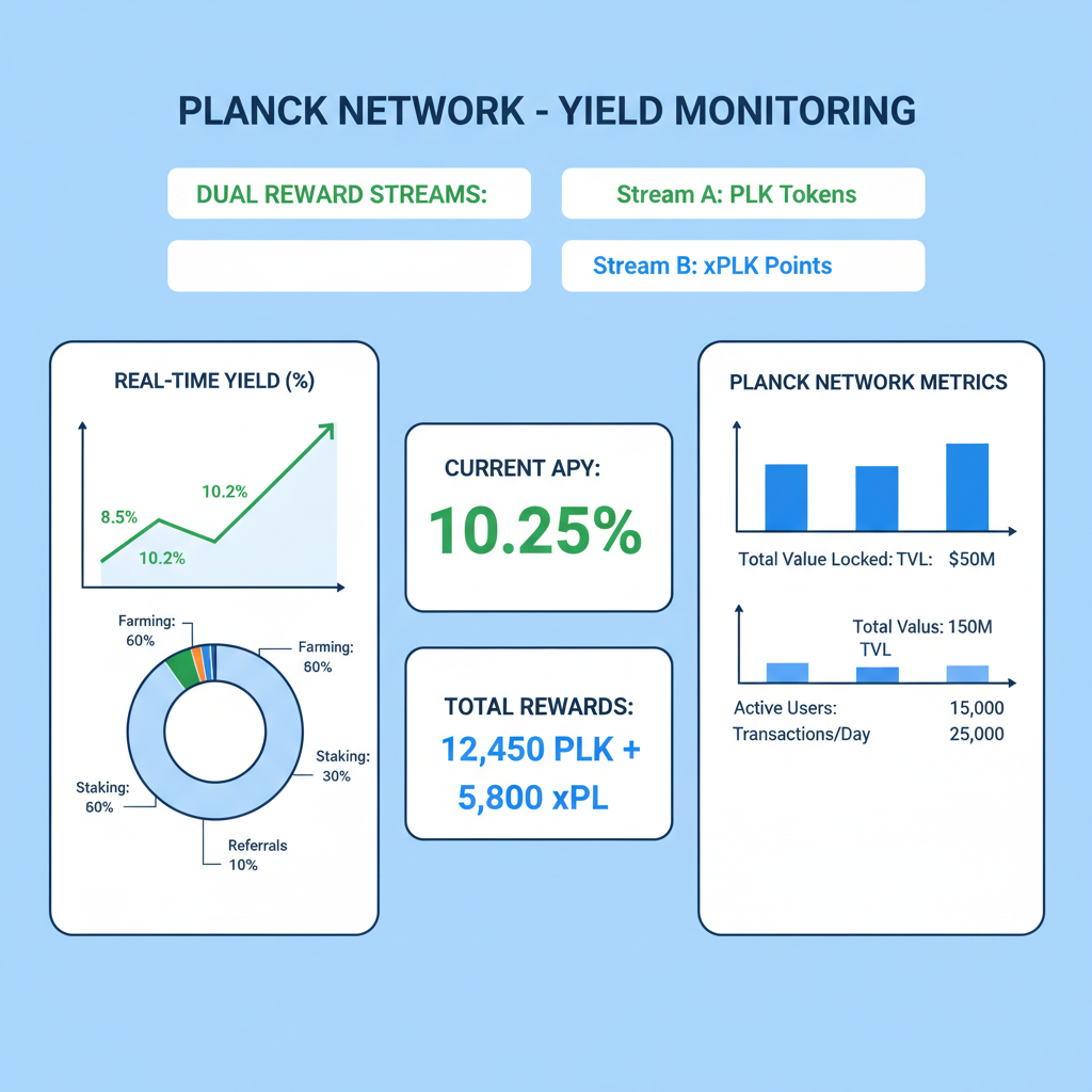 real-time yield monitoring dashboard with charts, dual reward streams, Planck Network metrics
