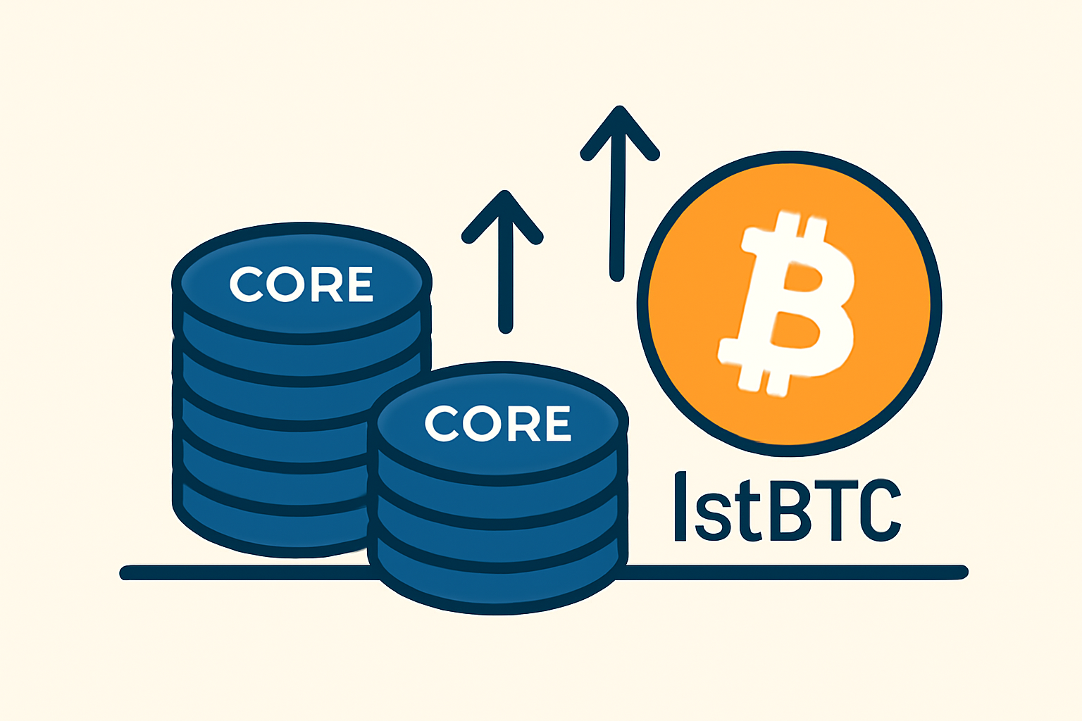 CORE tokens stacking beside lstBTC, yield arrows upward