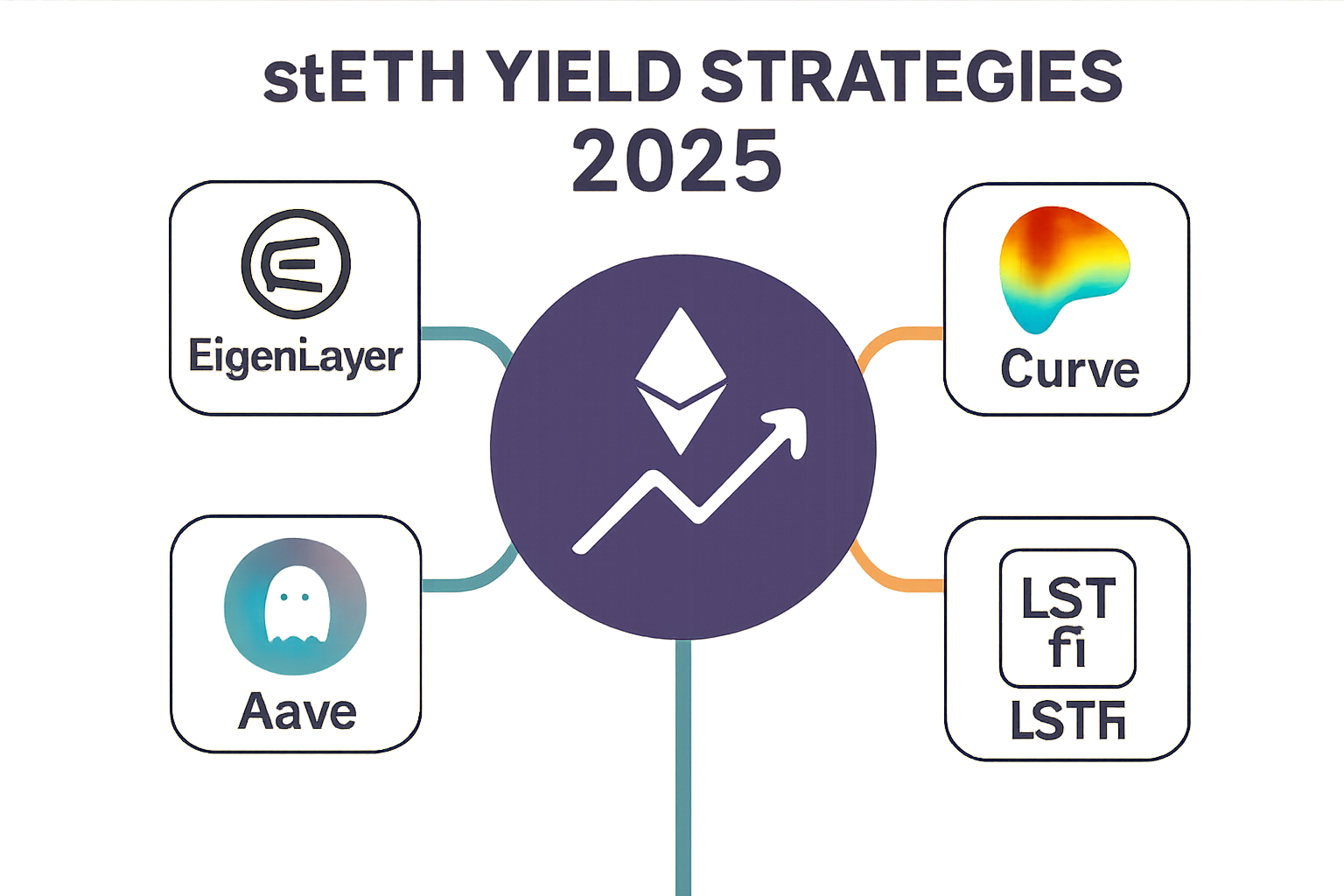Infographic showing layered stETH yield strategies for 2025, including restaking on EigenLayer, providing stETH-ETH liquidity on Curve, lending stETH on Aave, and participating in LSTfi protocols.