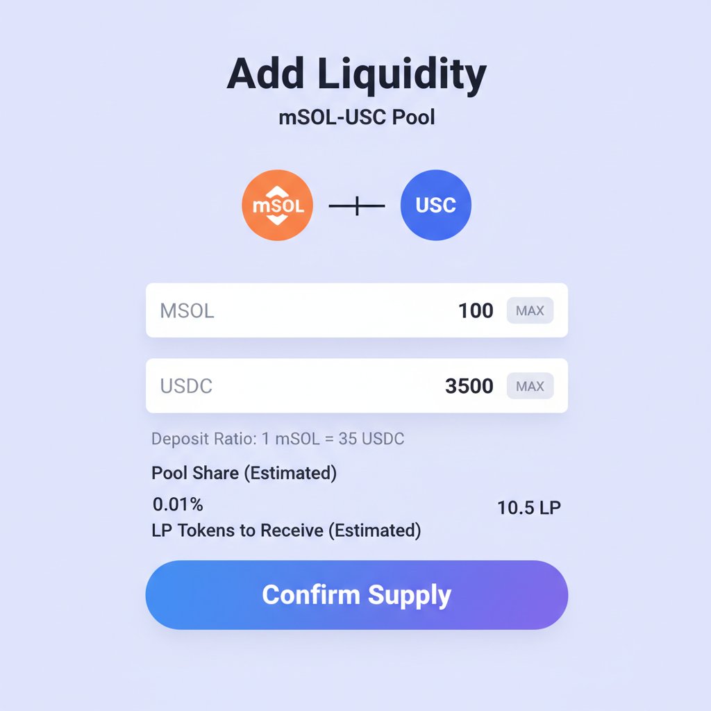 Raydium LP add liquidity screen mSOL-USDC pool, paired tokens graphic