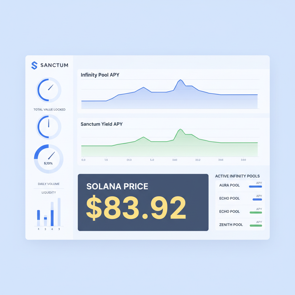 Sanctum dashboard monitoring APY charts for Infinity pool, live metrics, Solana price at $83.92, professional trader view