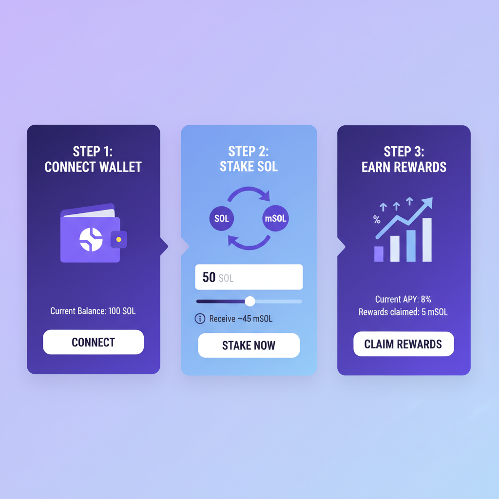 Marinade Finance dashboard, SOL staking to mSOL token, Solana purple theme