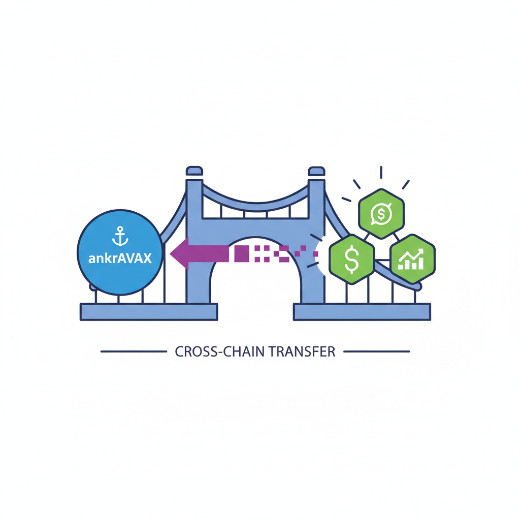 bridge icon transferring ankrAVAX tokens across blockchain networks to DeFi apps