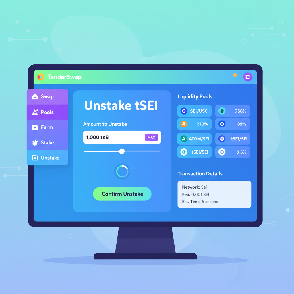 TenderSwap interface unstaking tSEI tokens on Sei network, vibrant DeFi UI with liquidity pools