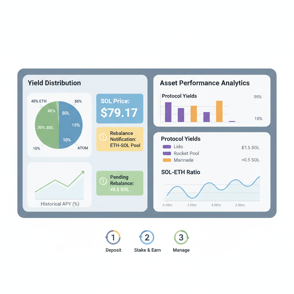 LSD dashboard with yield charts, rebalance notifications, SOL price at $79.17, analytical graphs