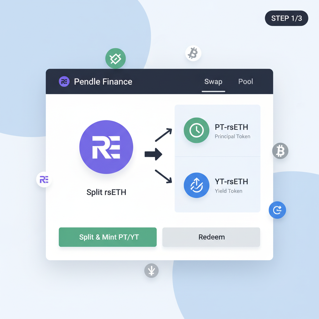 Pendle Finance interface splitting rsETH into PT and YT, modern DeFi dashboard with token icons