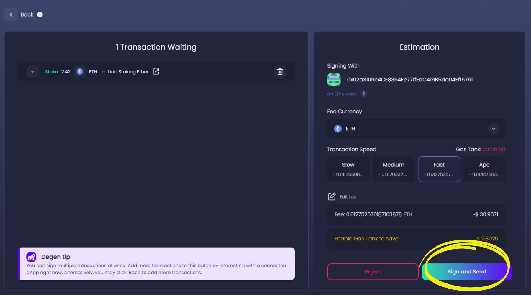 Lido Finance stETH dashboard screenshot