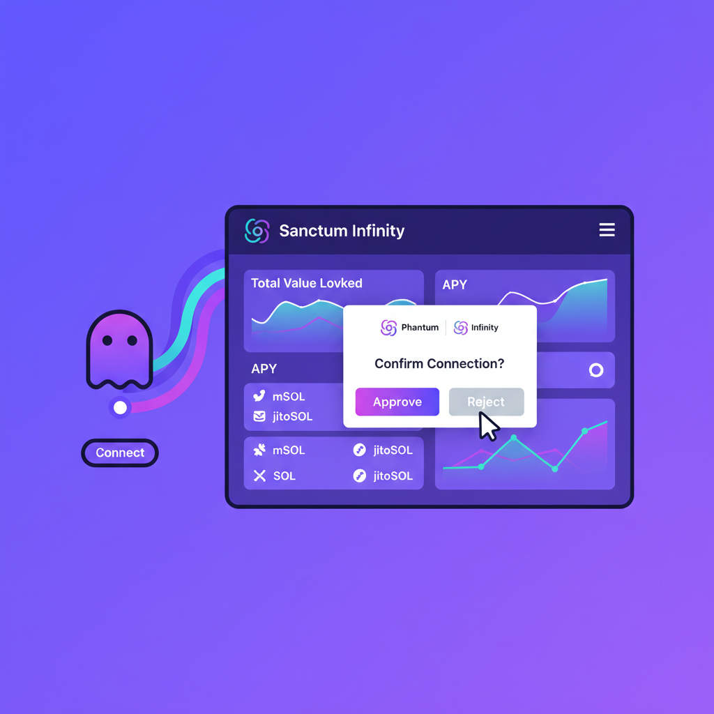Phantom wallet connecting to Sanctum Infinity dashboard, vibrant Solana purple UI, futuristic DeFi interface