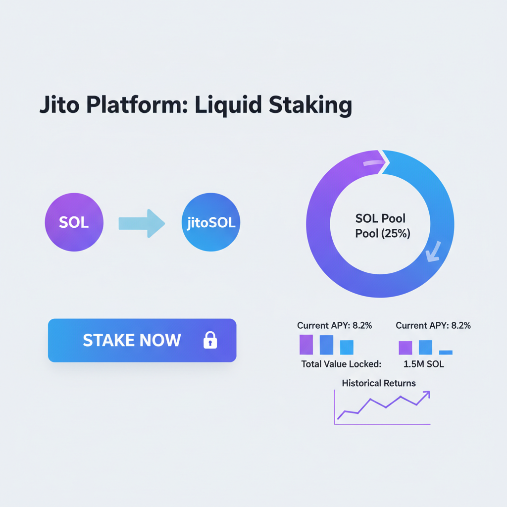 Staking SOL to jitoSOL on Jito platform dashboard, liquidity pool visualization