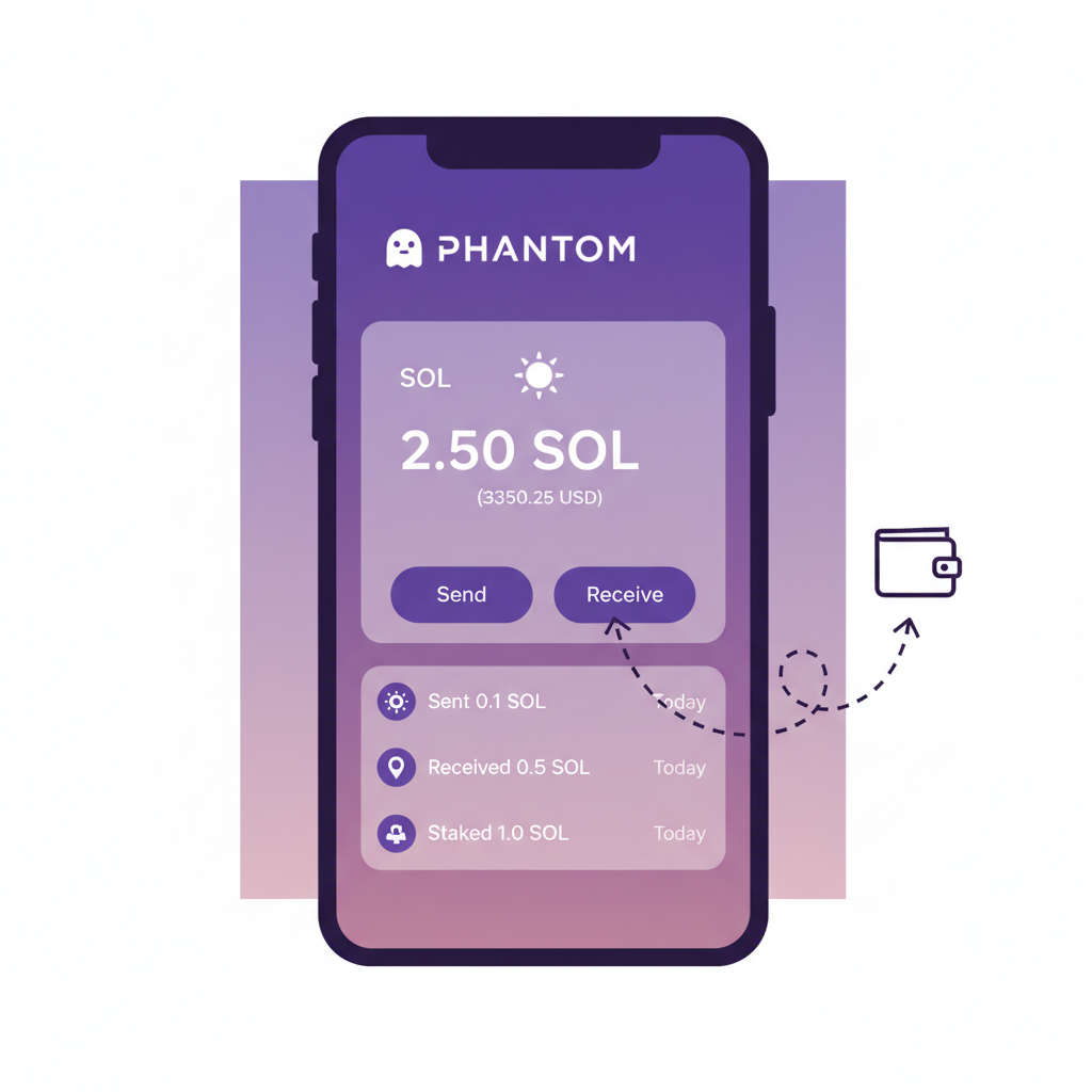 illustration of Phantom wallet with SOL balance, Solana purple theme, clean UI mockup