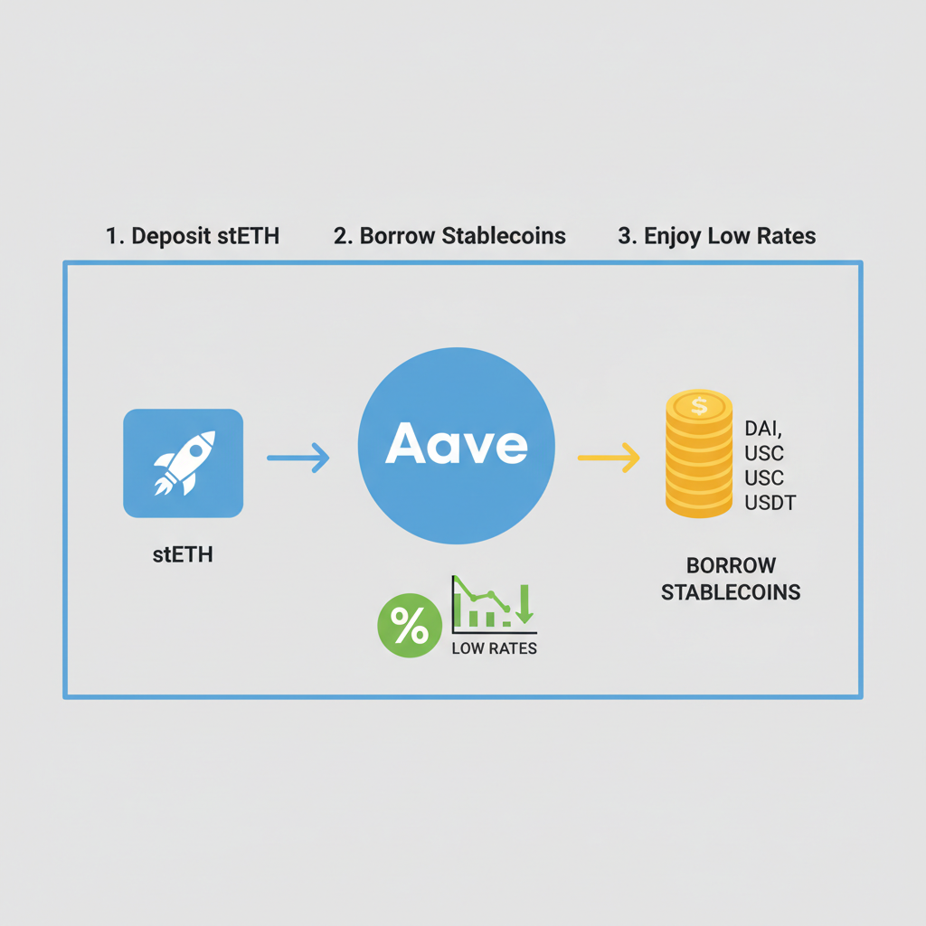 borrowing stablecoins from Aave against stETH collateral, charts showing low rates