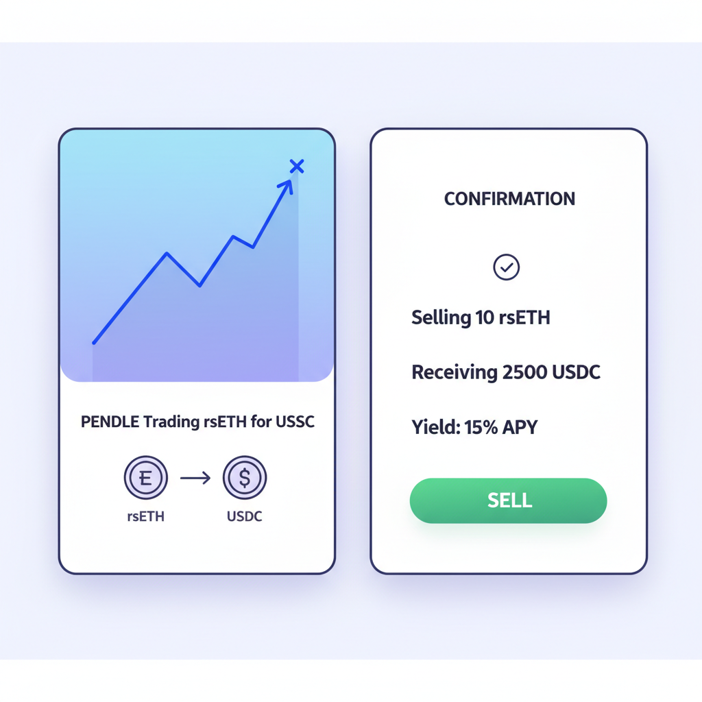 Pendle trading YT-rsETH for USDC, yield curve chart and sell confirmation screen