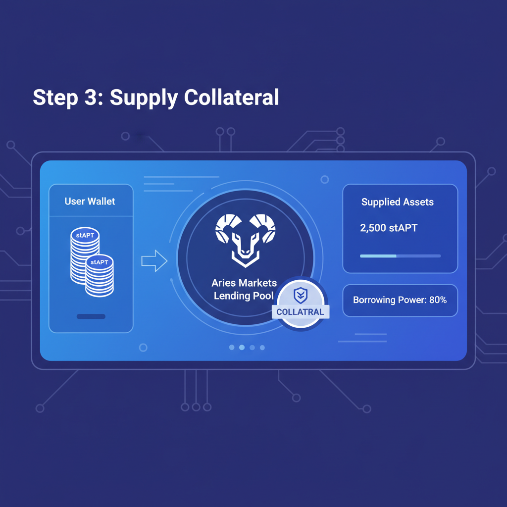 user supplying stAPT tokens to Aries Markets lending pool with collateral badge on futuristic Aptos DeFi dashboard