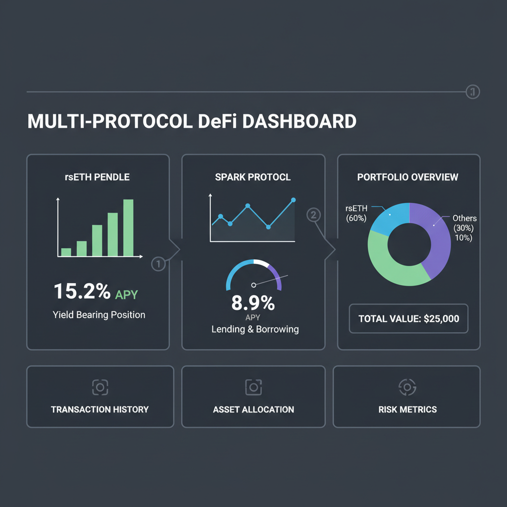 Multi-protocol DeFi dashboard tracking rsETH Pendle Spark positions, charts and APY metrics