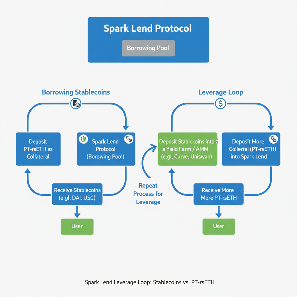 Spark Lend borrowing stablecoins vs PT-rsETH collateral, leverage loop diagram