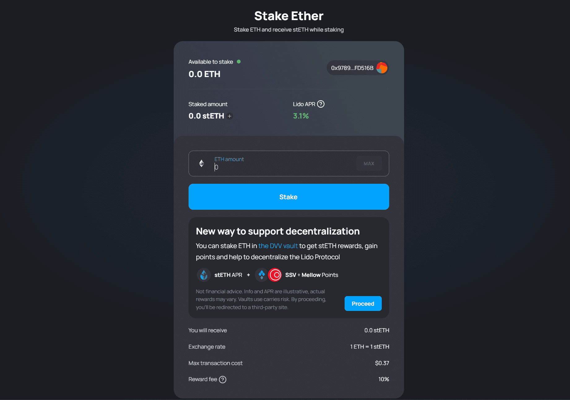 Lido and Rocket Pool staking ETH interface screenshot