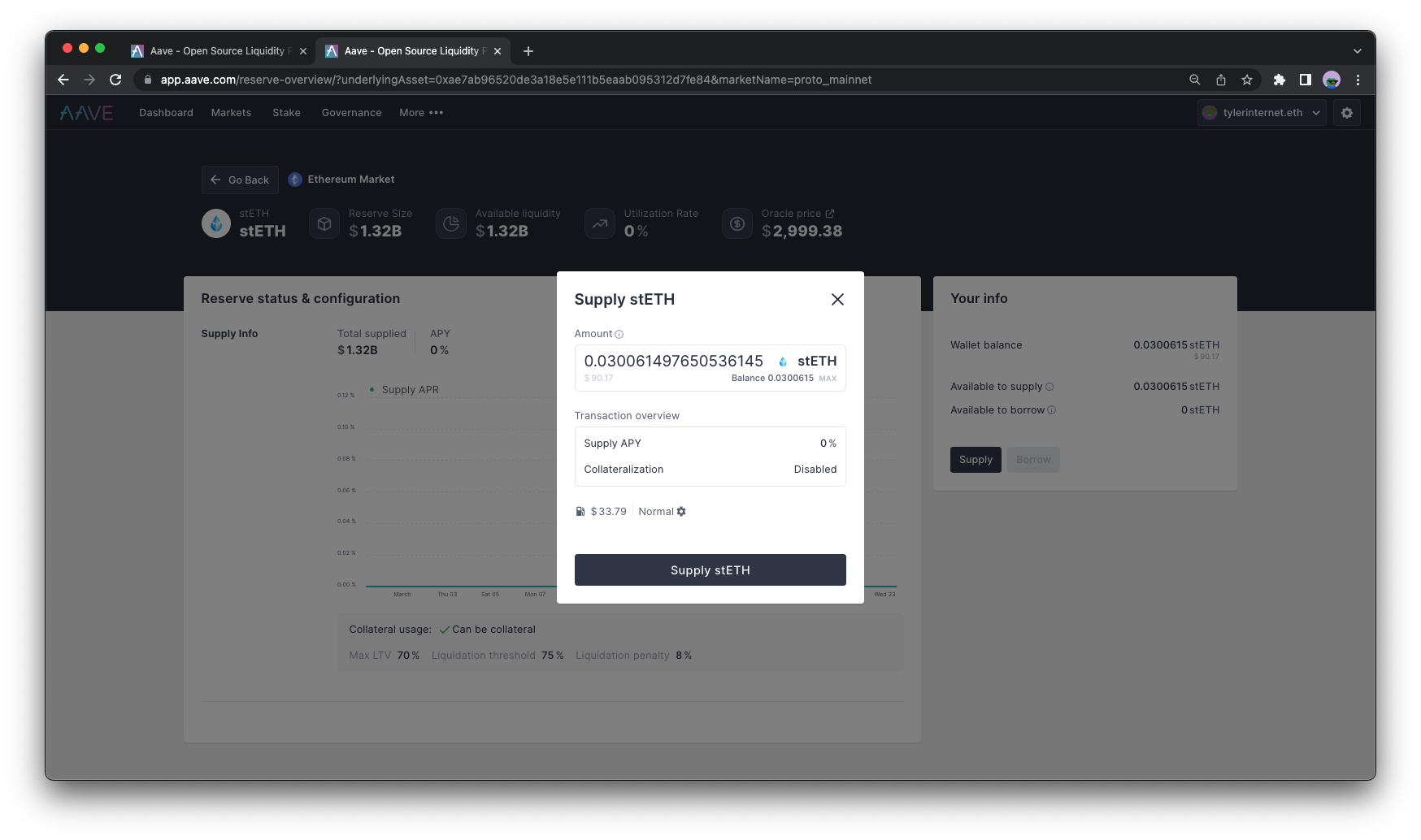 Aave stETH collateral dashboard
