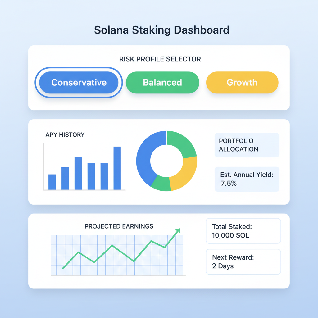 Solana staking dashboard with risk profile selector Conservative Balanced Growth buttons highlighted, analytical charts