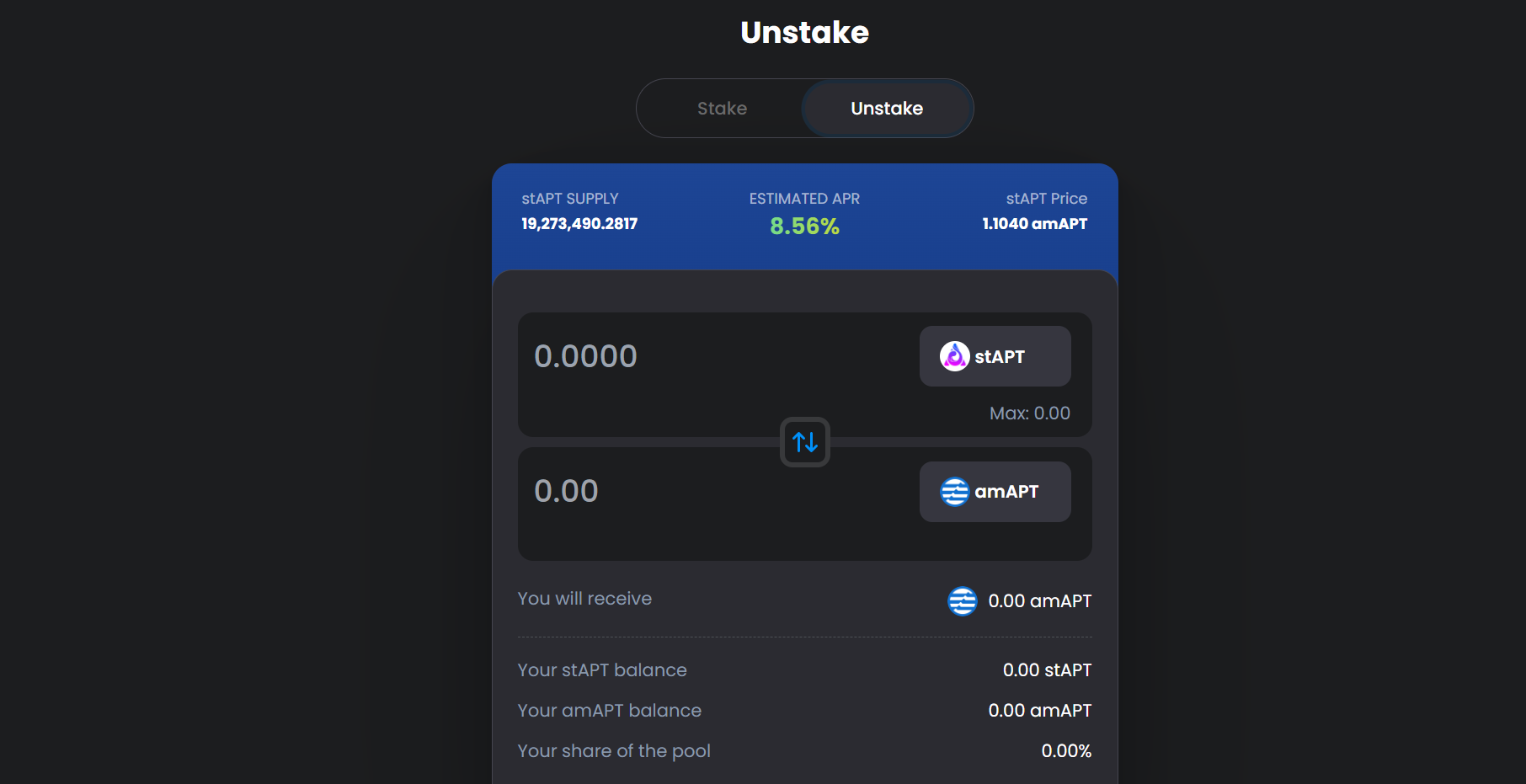 Amnis Finance dashboard on Aptos showing amAPT to stAPT conversion interface for yield compounding and liquid staking