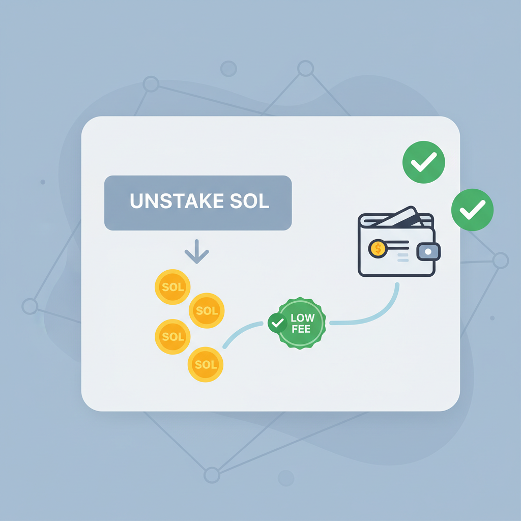 simple unstake button on dashboard, SOL tokens flowing back to wallet, low fee indicator, reassuring green checkmarks