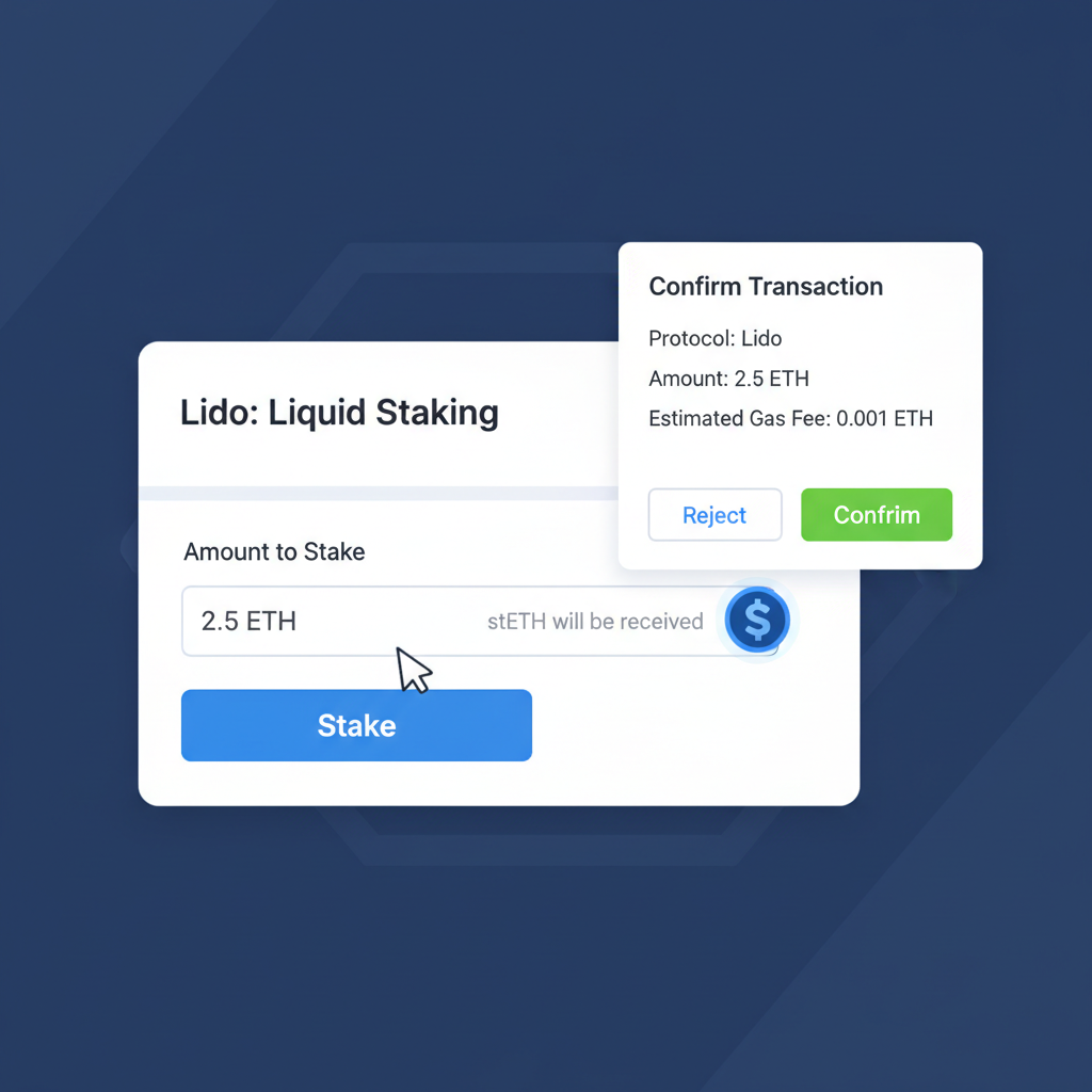 user entering ETH amount on Lido stake form, stETH token icon glowing, transaction confirmation popup, clean DeFi interface