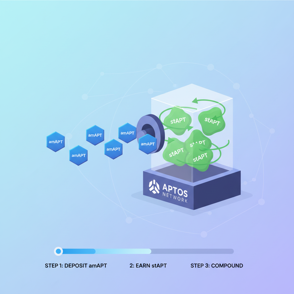 illustration of amAPT tokens entering vault transforming into growing stAPT with compounding arrows on Aptos network